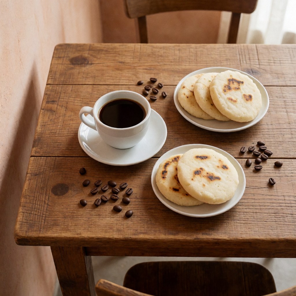 Black coffee in a white cup and arepas on plates atop a rustic wooden table with a terracotta plaster wall, creating a cozy atmosphere.