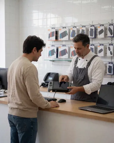 Technician displays a repaired video game console to a customer in a shop with accessories on shelves and a wooden counter.