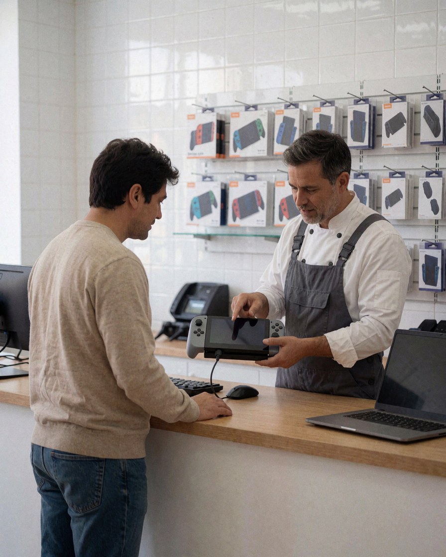 Technician displays a repaired video game console to a customer in a shop with accessories on shelves and a wooden counter.