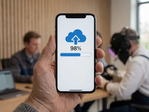 Close-up of a hand holding a smartphone displaying a 98% cloud upload progress bar with a blurred background of a photographer working in an office with light wood walls