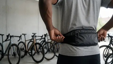 Cyclist adjusting hydration belt in garage with road bikes and concrete walls, leaving space for text on the left