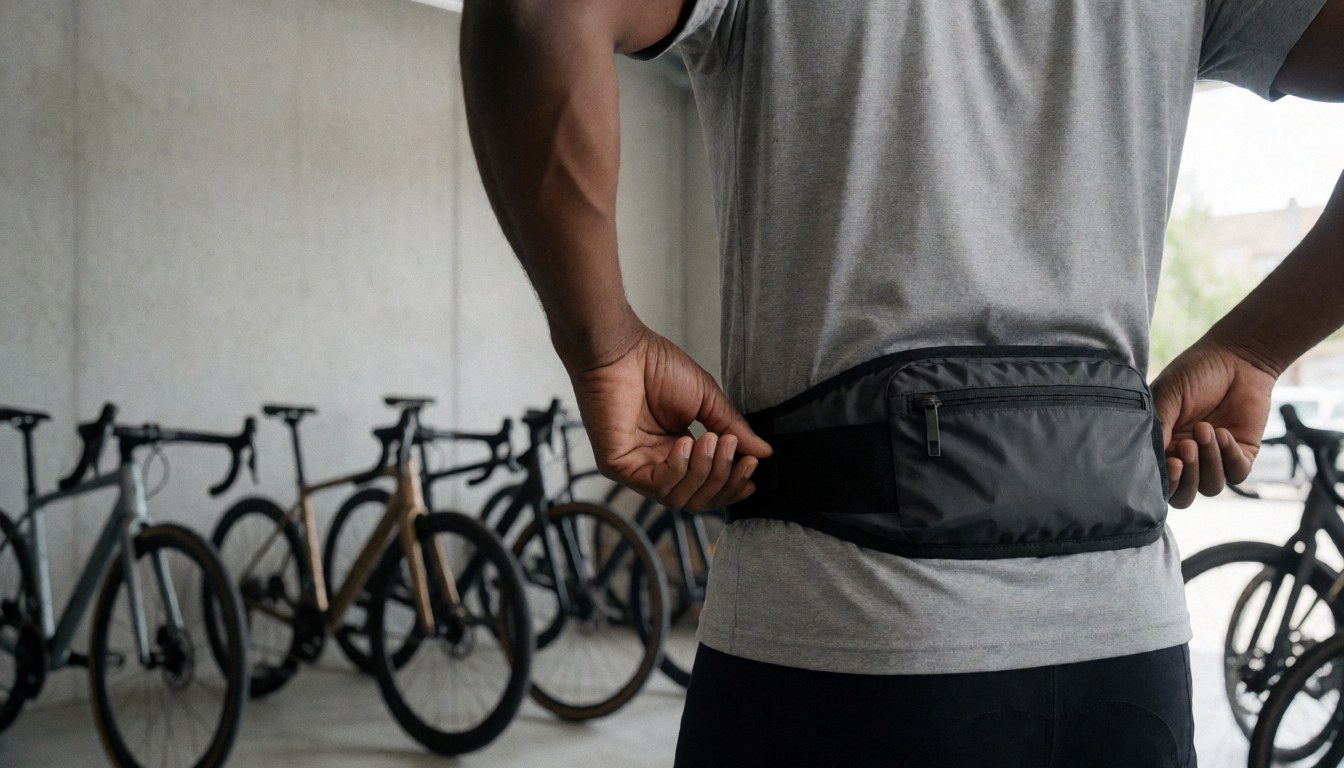Cyclist adjusting hydration belt in garage with road bikes and concrete walls, leaving space for text on the left