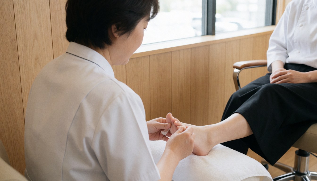 Technician in white uniform applying a foot treatment to a seated client in a bright manicure salon with natural light and wood walls