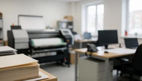 Professional copy shop background featuring a large printer, stacks of paper, and work desks with computers.