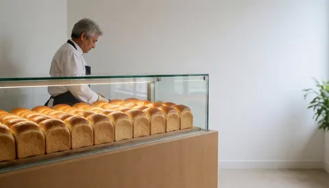 Baker arranging loaves of bread in a glass display case against white walls with professional lighting and text space