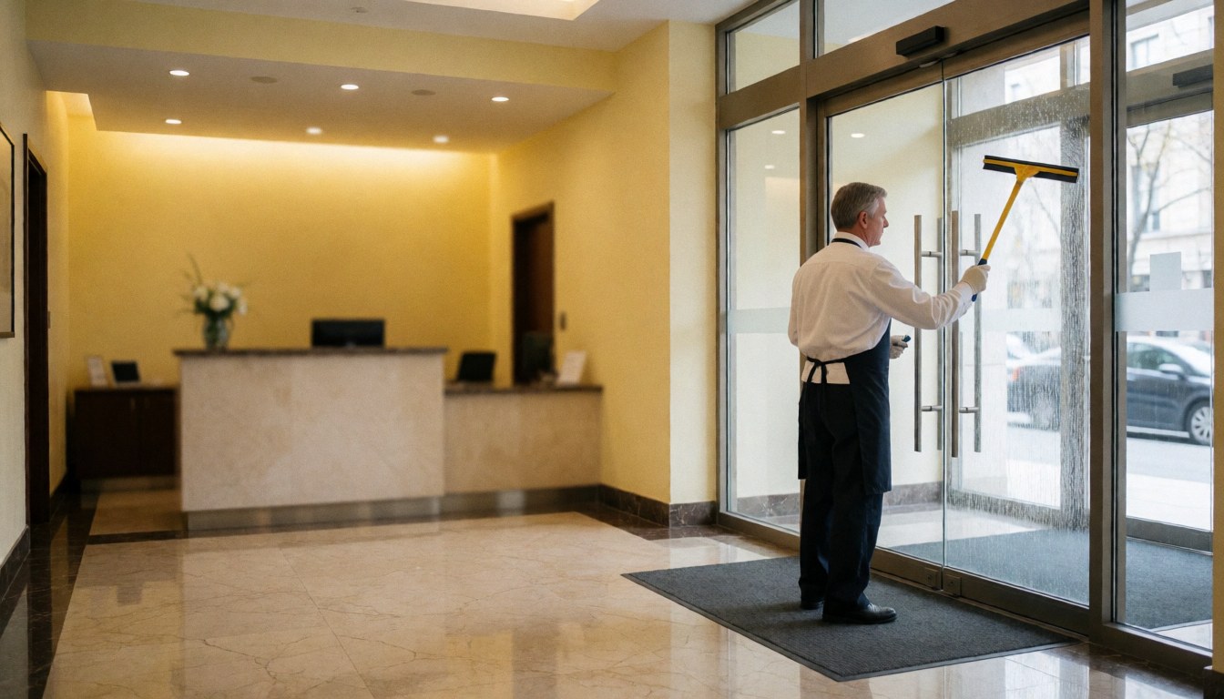 A worker cleans a glass door with a squeegee in a building lobby with polished marble floors and a reception area in the background.