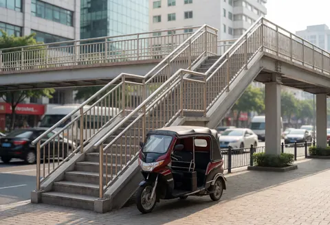 Three-wheeled motorbike taxi parked under a metal pedestrian bridge on an urban street with traffic and buildings in the background.