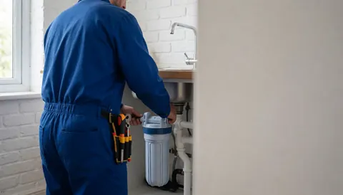 Plumber installing a water filtration system beneath a stainless steel kitchen sink in a home setting.