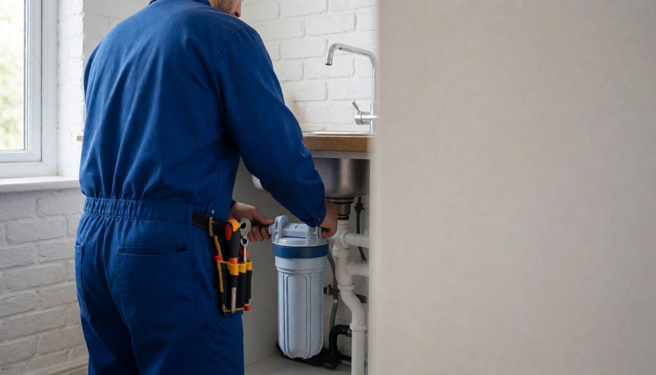 Plumber installing a water filtration system beneath a stainless steel kitchen sink in a home setting.