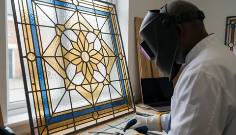 Glassblower creating a geometric design on a glass panel in a well-lit workshop