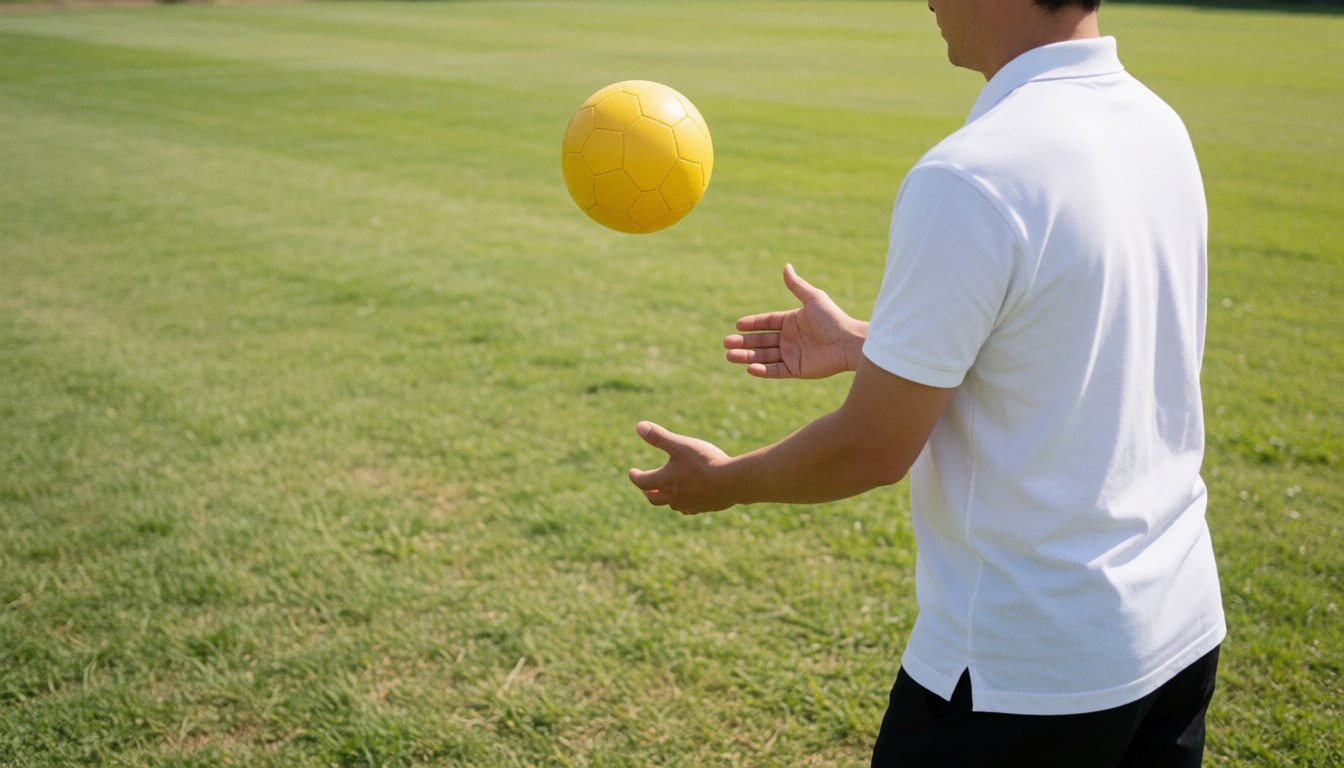 Soccer coach throwing a yellow ball on a green grass field under the sun, ideal for training website cover