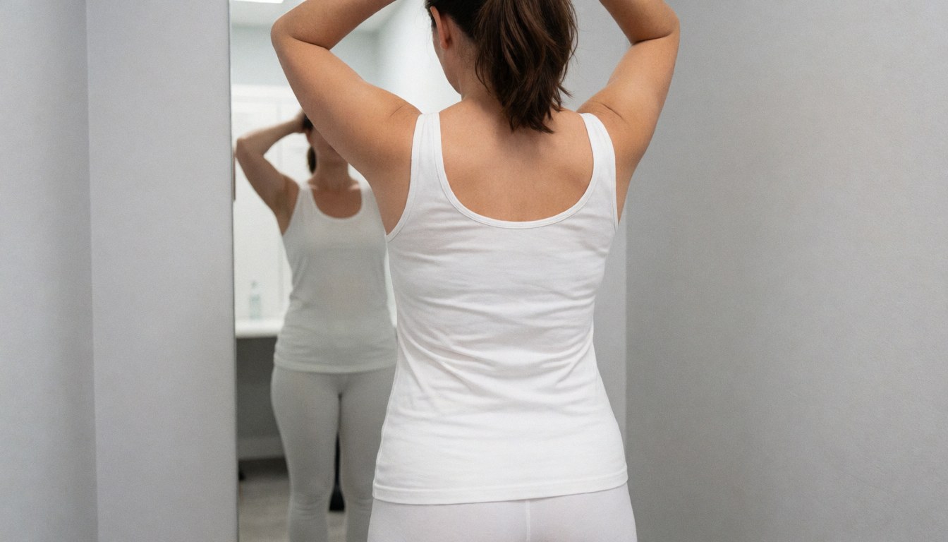 Back view of a woman adjusting her hair in front of a mirror in a dressing room with light gray walls