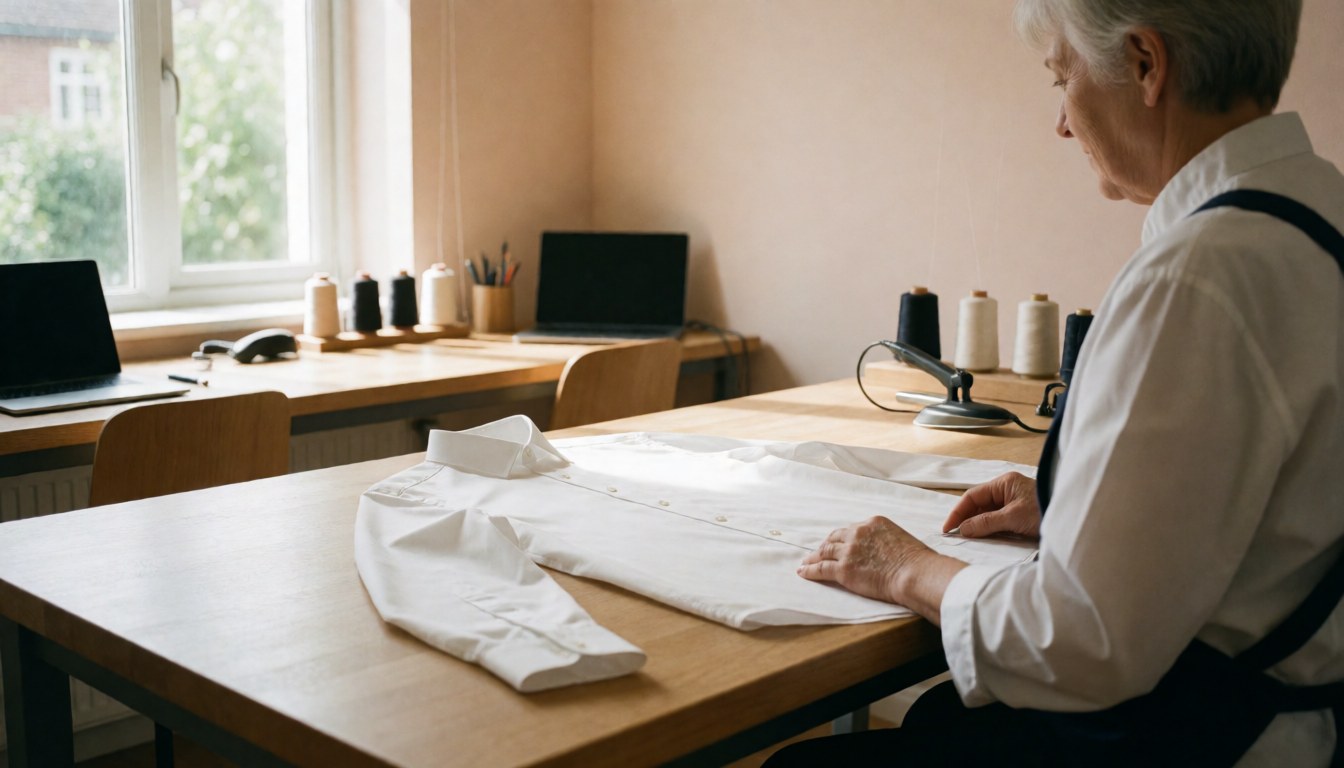 A person repairs a white shirt on a wooden table in a well-lit workshop with thread and an iron nearby