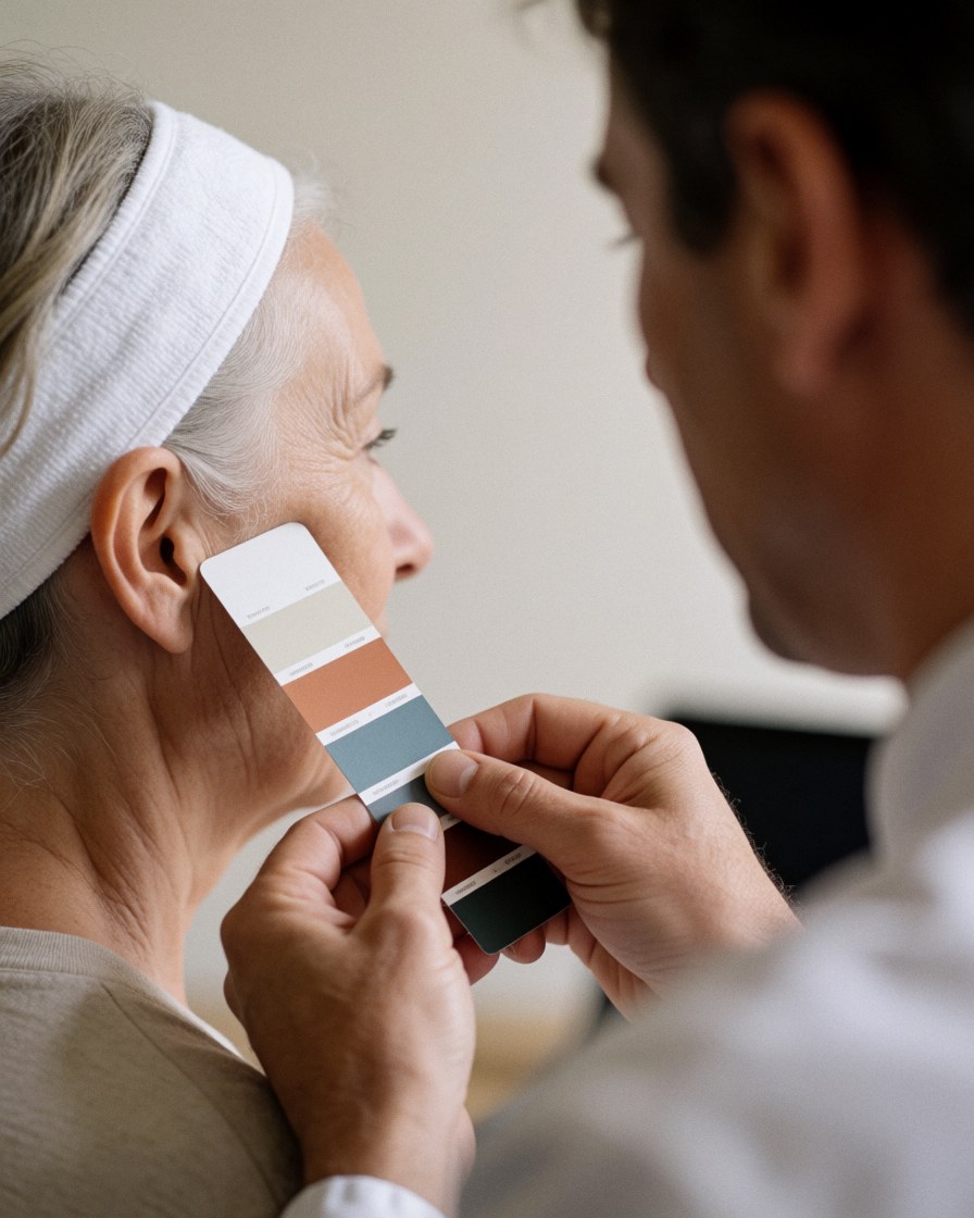 A professional holds a color swatch near a client's cheek during a microblading consultation in a studio with natural light and a neutral background.