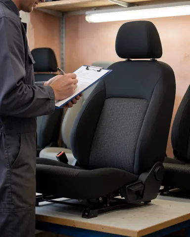 A mechanic inspects a car seat in a vehicle recycling workshop with overhead lights and other seats in the background.
