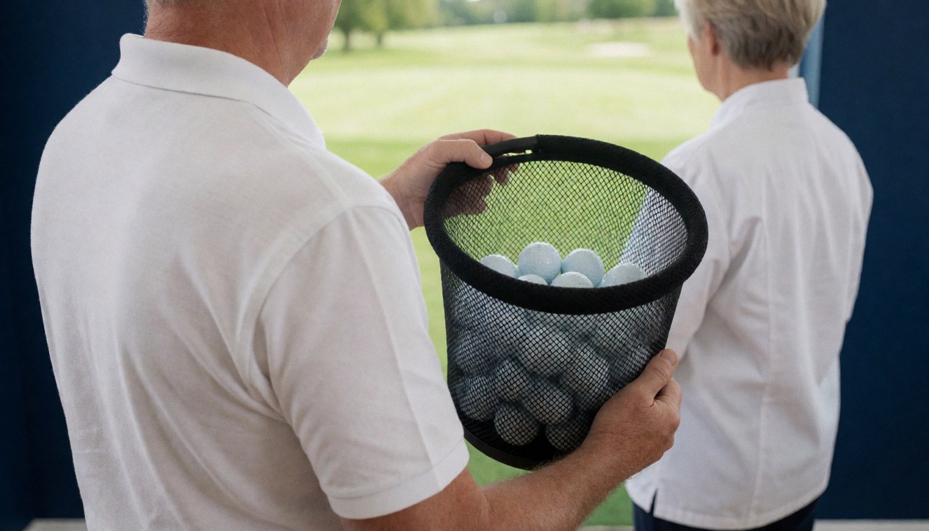 Golf instructor holding a ball bag on the course with a student standing nearby, ideal for golf service websites