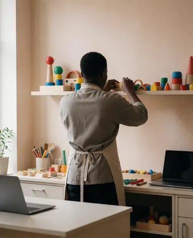 Spanish teacher arranging wooden toys on a shelf in a clean, professional classroom with beige walls and laptops