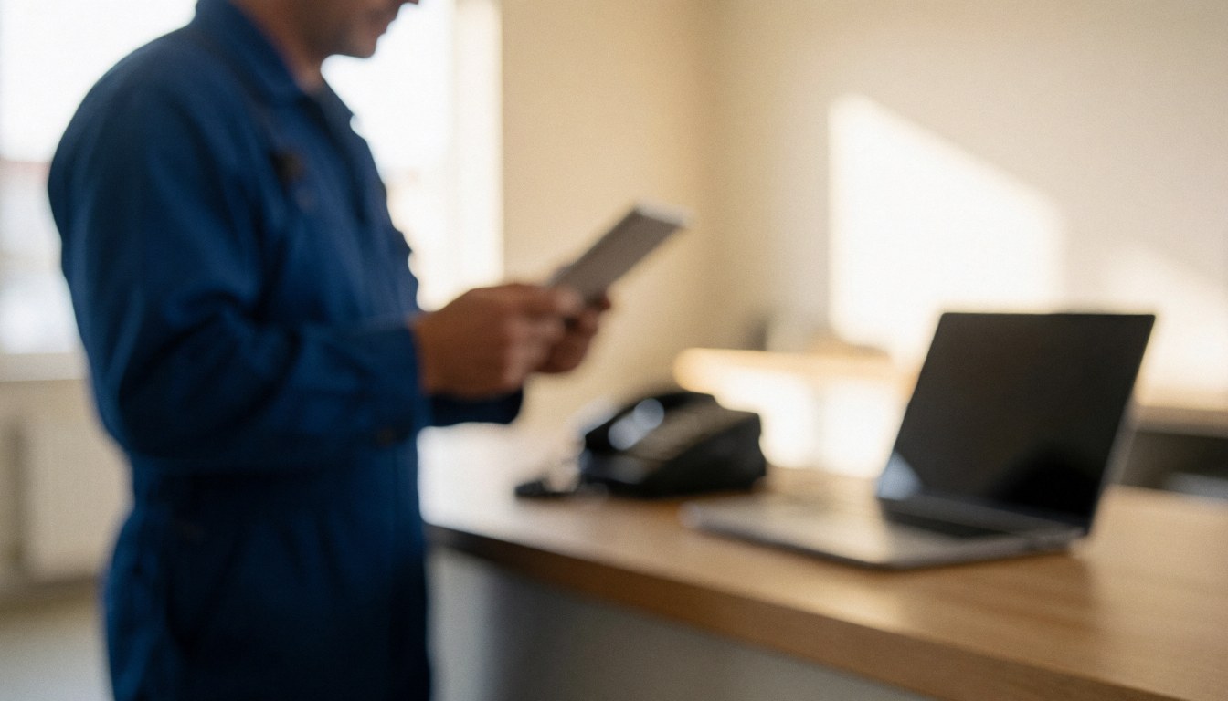 Mechanic in blue overalls using a tablet in a workshop with warm lighting, ideal for repair services.