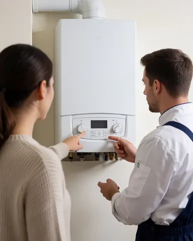 A technician and client inspecting a white gas boiler with a digital control panel in a room with light walls