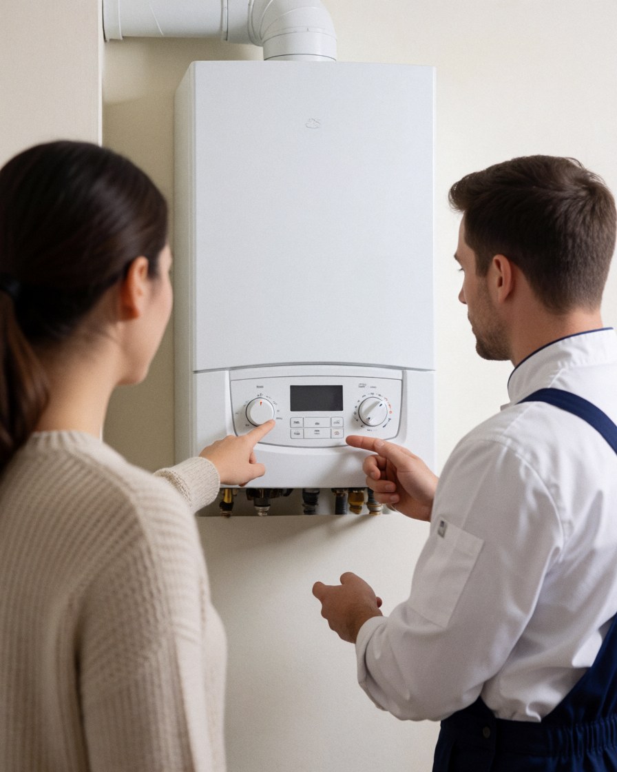 A technician and client inspecting a white gas boiler with a digital control panel in a room with light walls