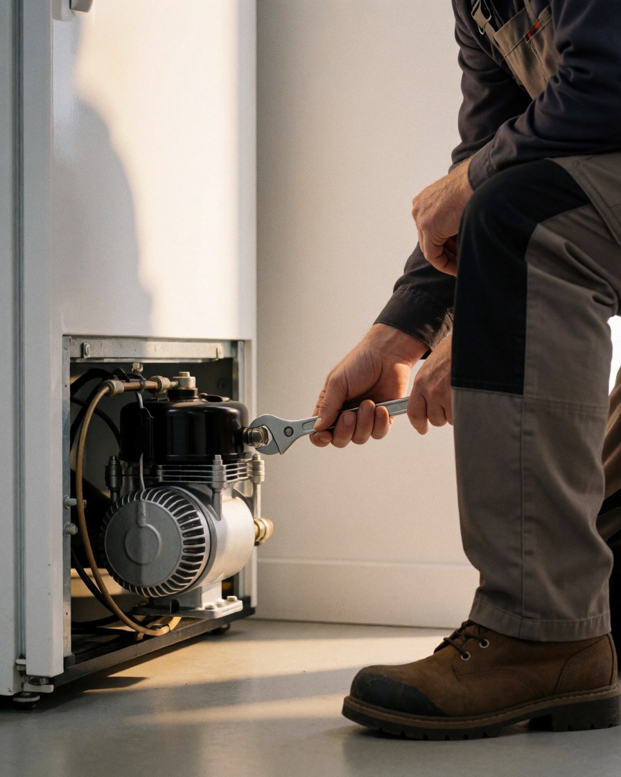 Technician using wrench to install a refrigerator compressor during appliance repair service