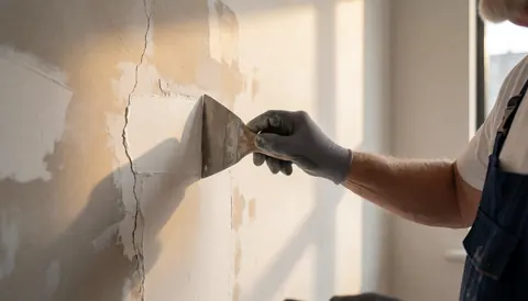 Close-up of a hand wearing a glove using a putty knife to apply spackle to a cracked wall during repair work