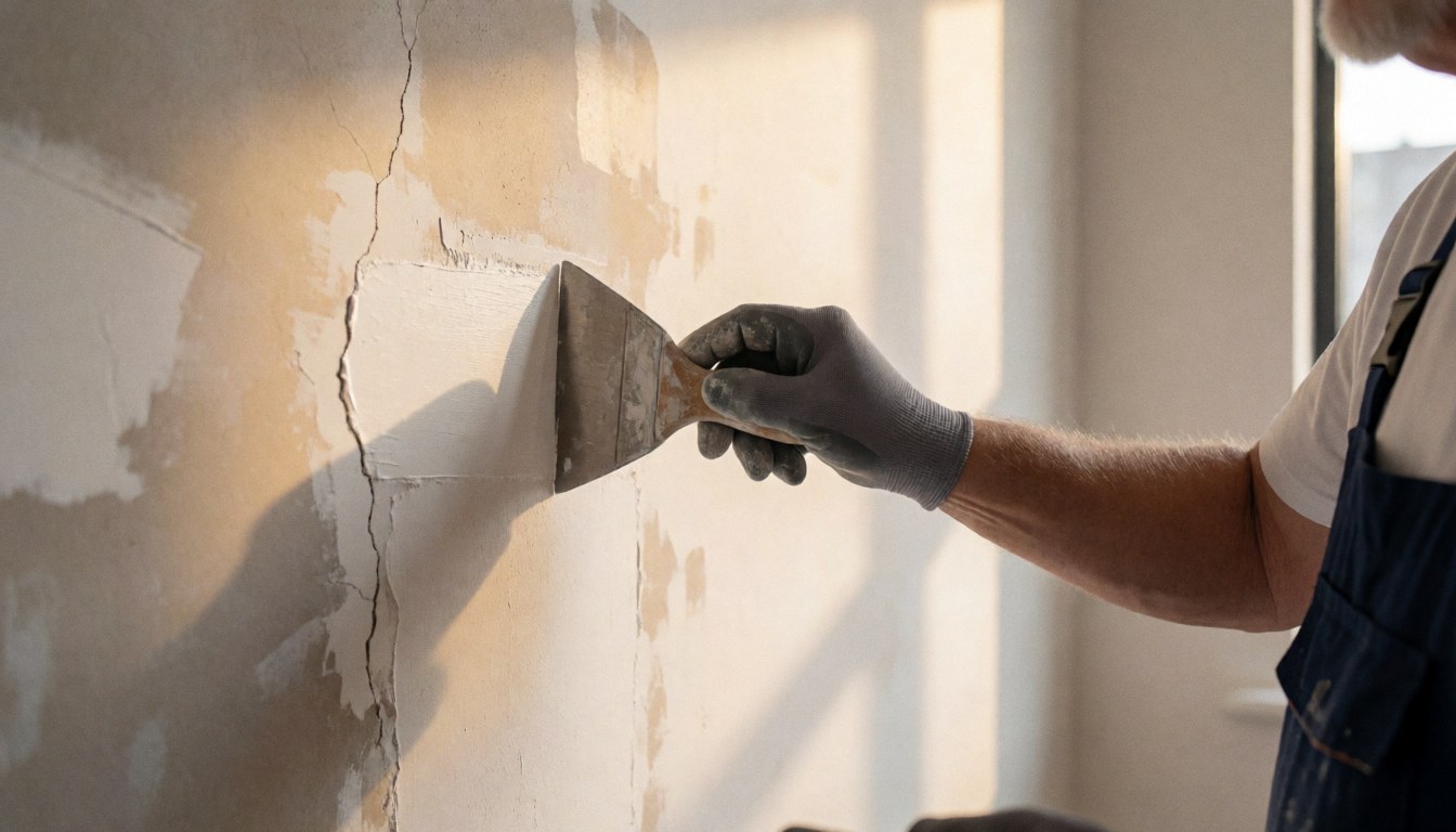 Close-up of a hand wearing a glove using a putty knife to apply spackle to a cracked wall during repair work