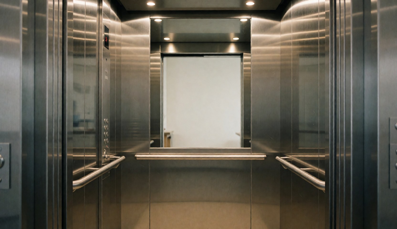 Interior of a modern elevator featuring stainless steel walls, metal handrails, and a control panel, suitable for elevator repair services.