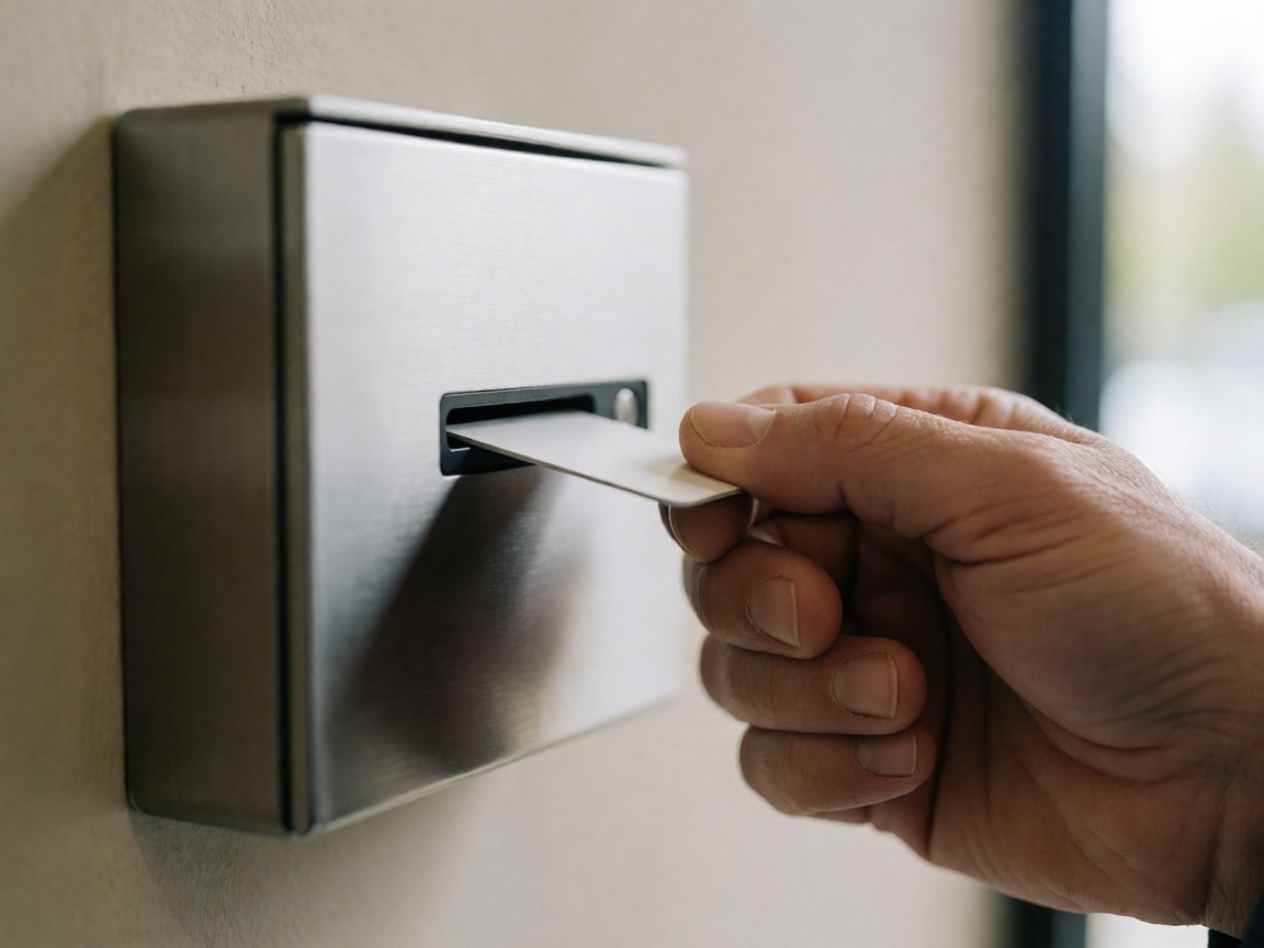 Close-up of a hand inserting a key card into a metal box at an apartment hotel, with a beige wall and natural light