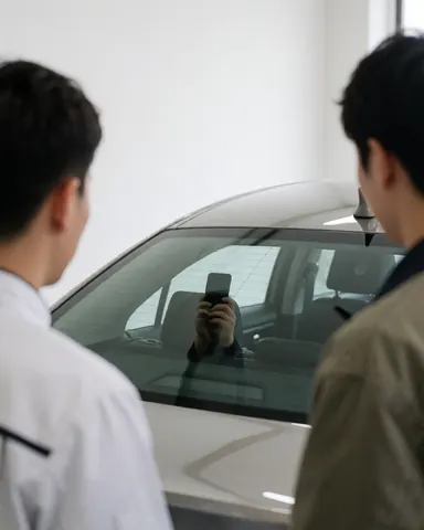 A satisfied customer captures an image of the spotless car glass after the wash service, with the phone reflection visible and two people observing the clean interior.