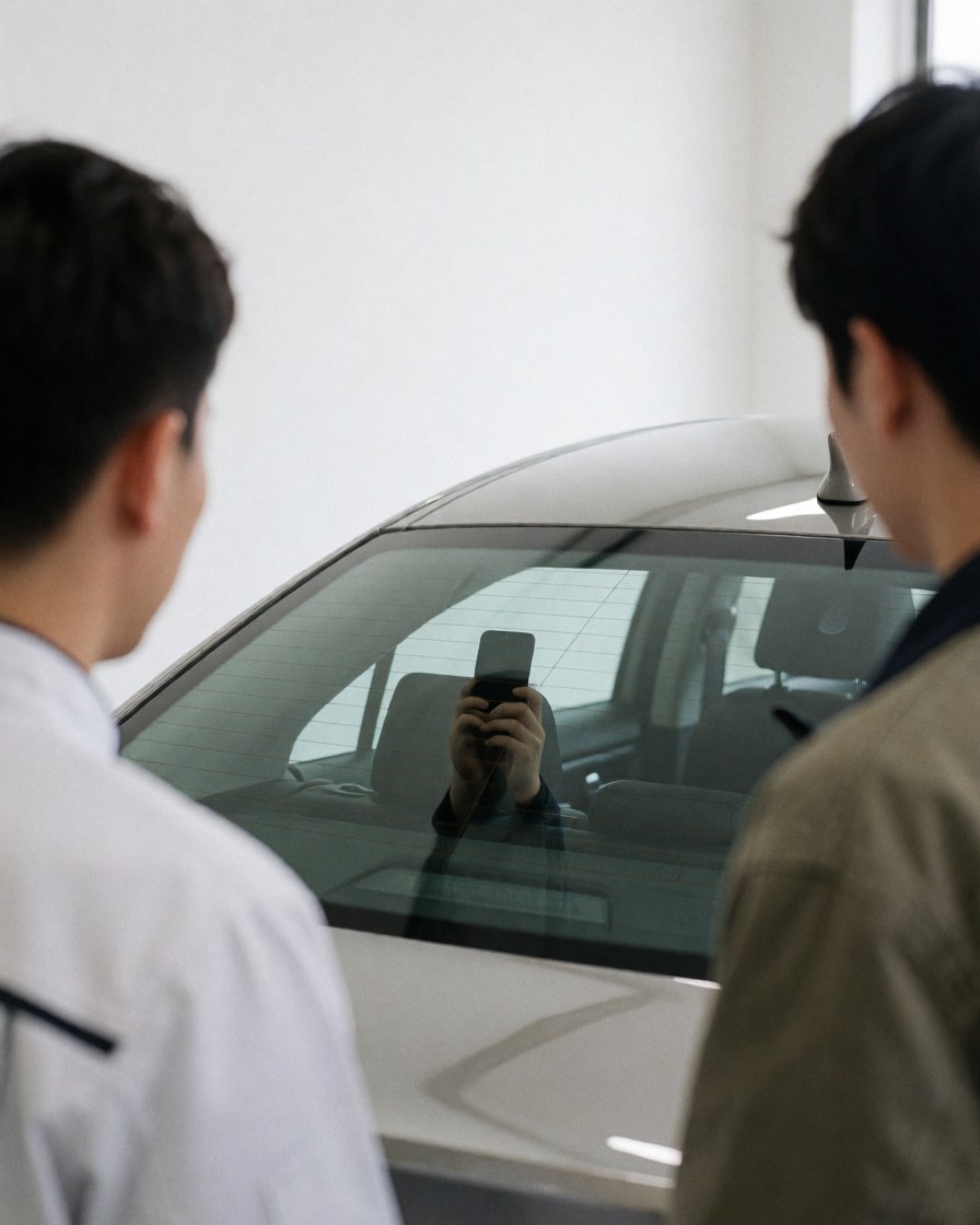 A satisfied customer captures an image of the spotless car glass after the wash service, with the phone reflection visible and two people observing the clean interior.
