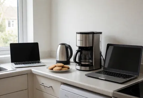 Guest house kitchen featuring a coffee maker, kettle, cookies, and laptops near a window with natural light