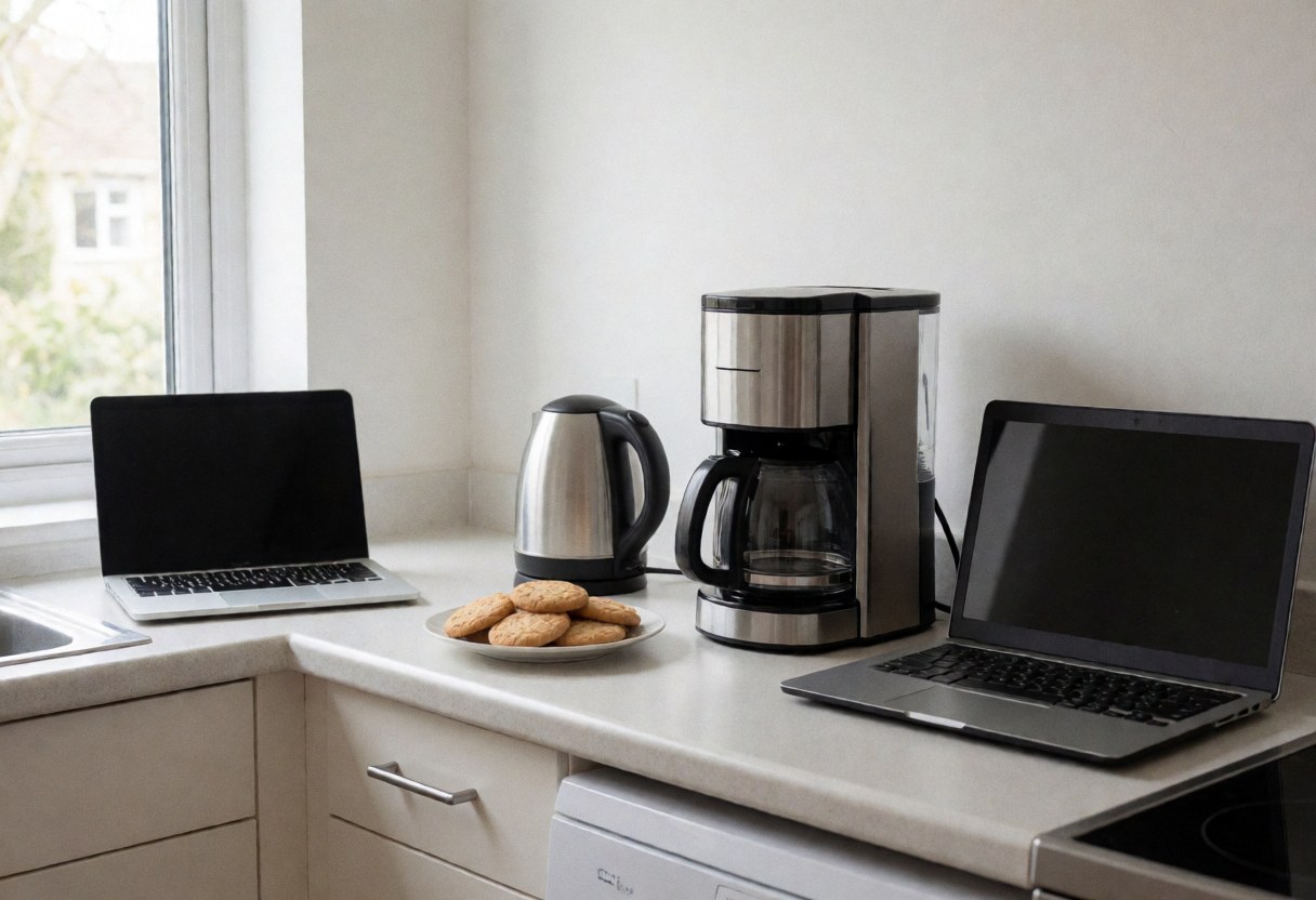 Guest house kitchen featuring a coffee maker, kettle, cookies, and laptops near a window with natural light