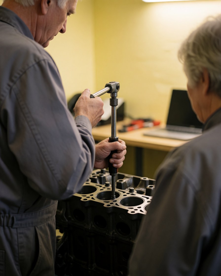 Technician uses a torque wrench to adjust a bolt on an engine block while a customer watches in a repair shop with yellow walls.