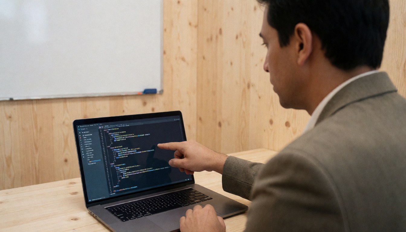 Mentor pointing at code on laptop with whiteboard and wooden wall, programming teaching scene