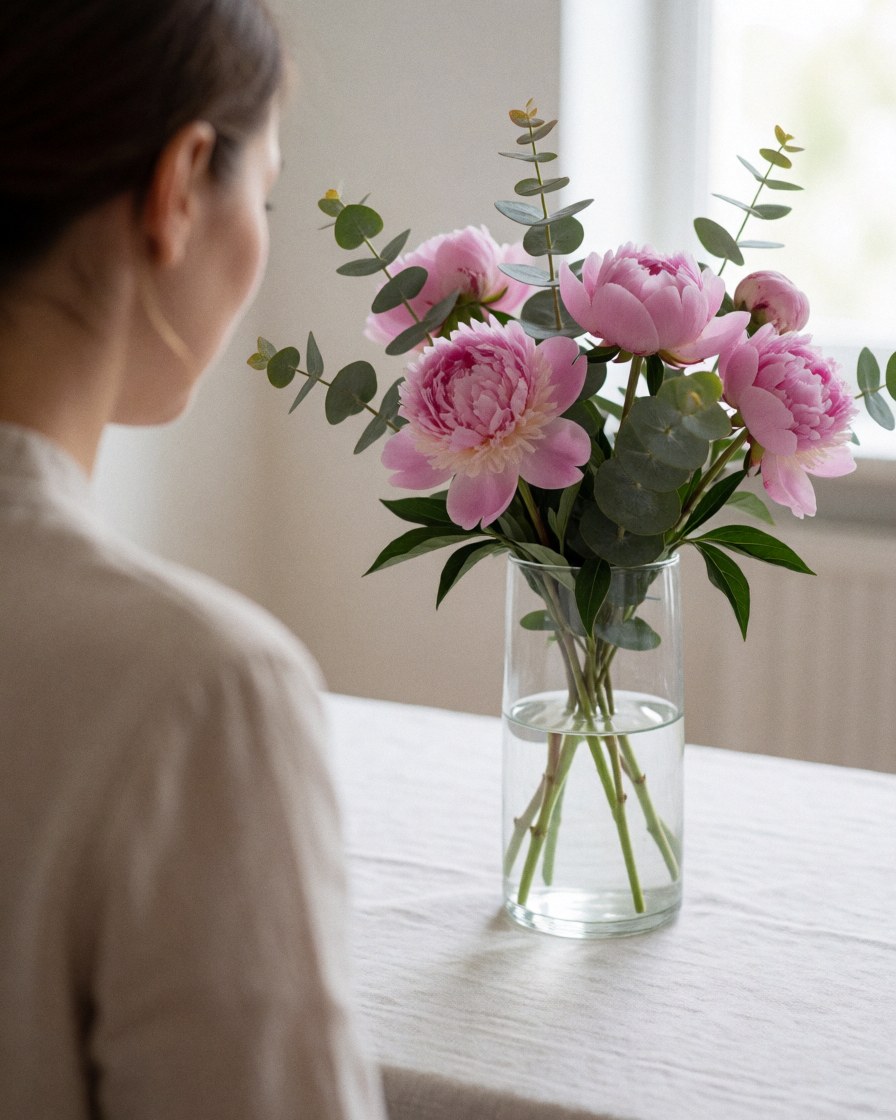Customer observing a peony floral arrangement on a white tablecloth with natural light at a furniture rental venue