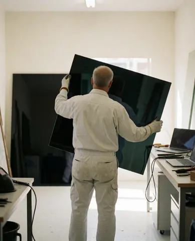 A glazier wearing gloves inspects a dark glass panel in a bright workshop with white walls and natural light.