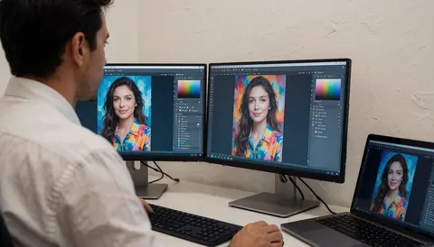A photographer editing portrait photos on two computer monitors at a clean desk with a warm-colored wall background
