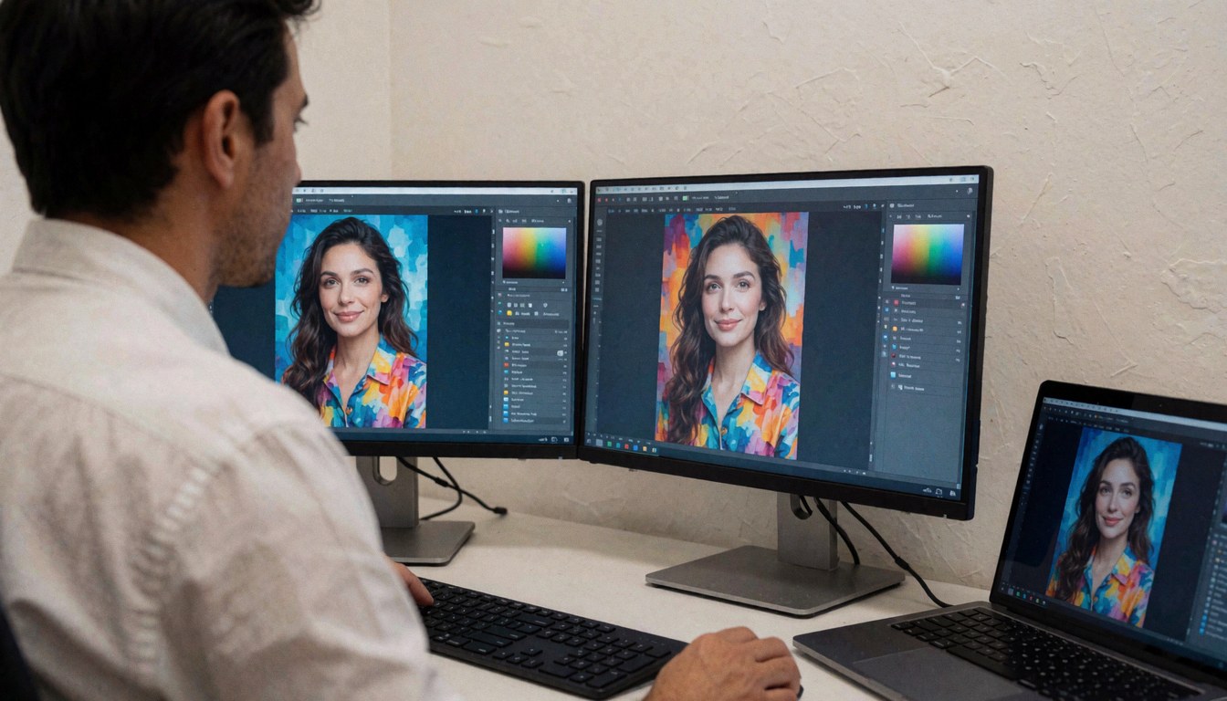 A photographer editing portrait photos on two computer monitors at a clean desk with a warm-colored wall background