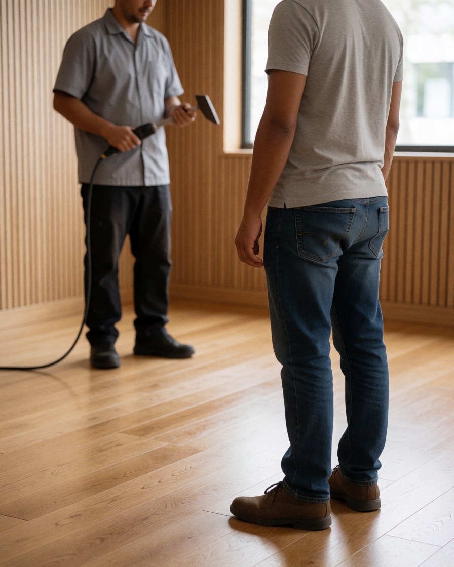 A satisfied client stands observing a shiny new hardwood floor while a worker with tools is visible in the background of the interior space.