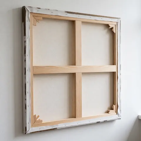 Blank wood-framed canvas hanging on a white wall, prepared for painting and suitable for art studio or gallery display
