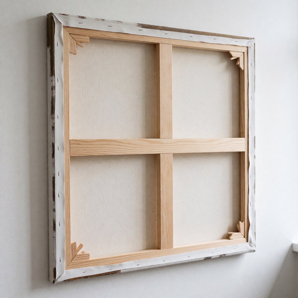 Blank wood-framed canvas hanging on a white wall, prepared for painting and suitable for art studio or gallery display