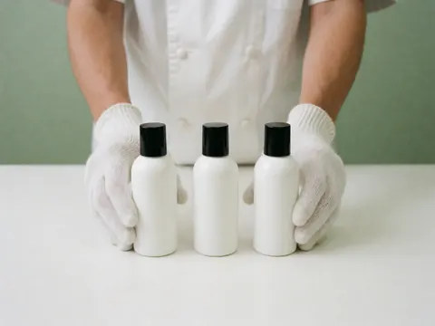 White-gloved hands arranging three white cosmetic jars with black lids on a white surface against a pale green wall
