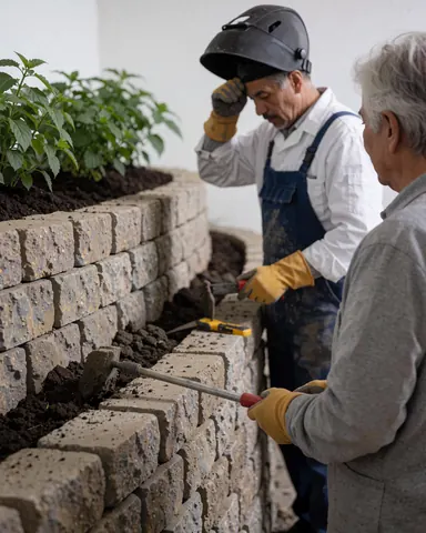 A bricklayer wearing a welding helmet works on a stone wall while a client observes, with plants on the terrace.