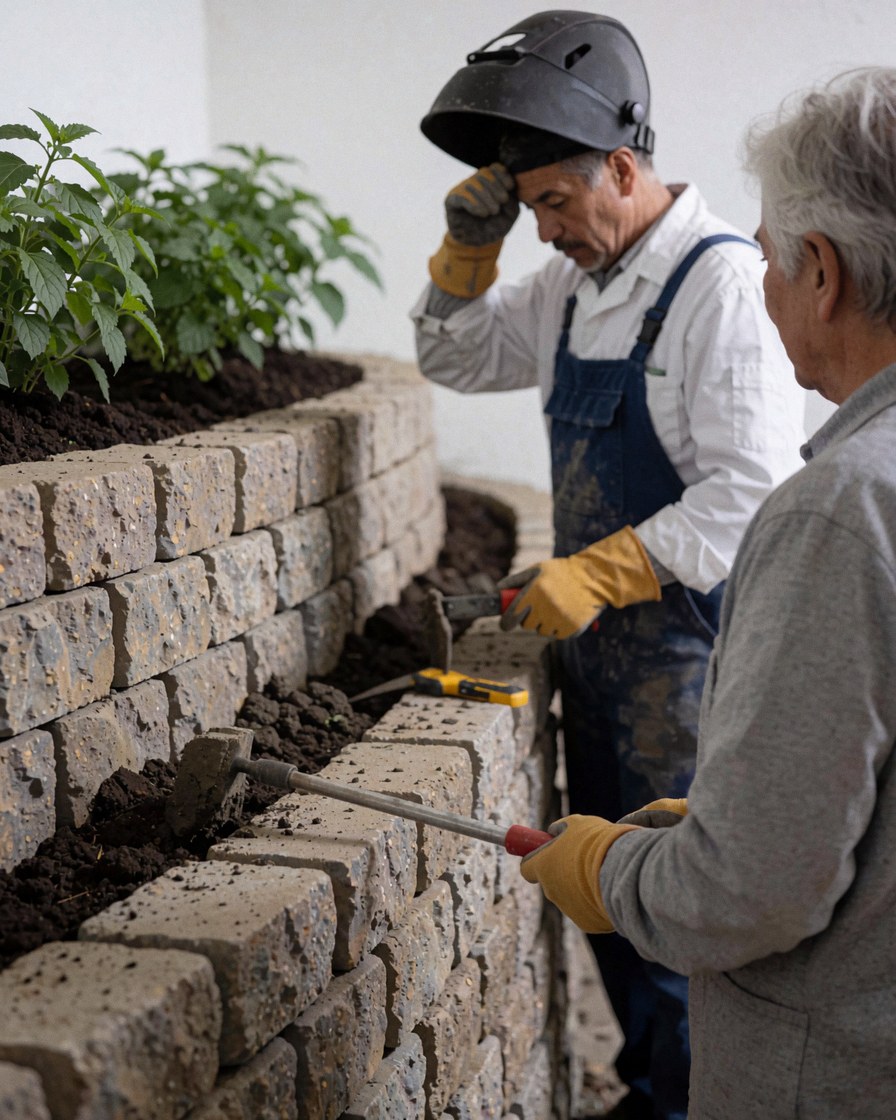 A bricklayer wearing a welding helmet works on a stone wall while a client observes, with plants on the terrace.