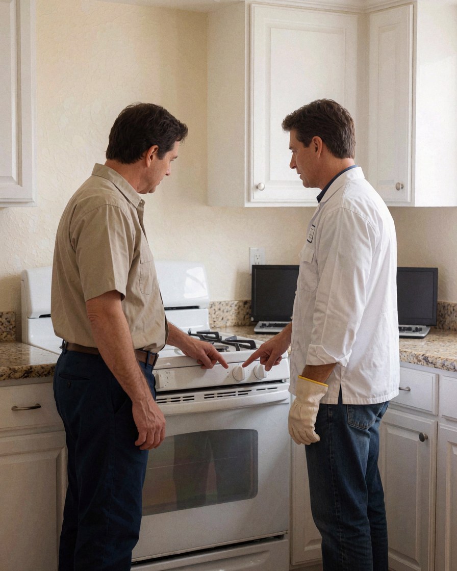 Technician in uniform and white glove checks a white stove with a customer in a modern kitchen with white cabinets and cream walls.