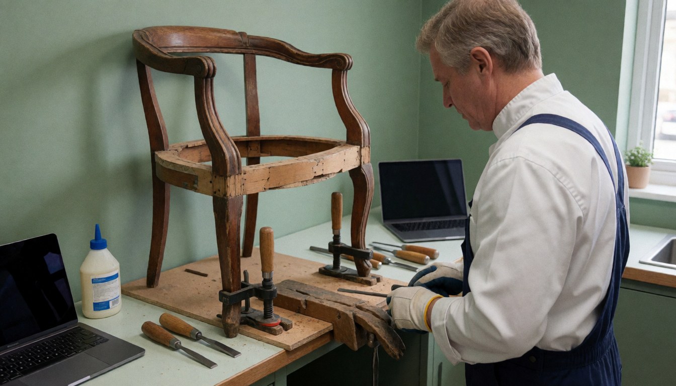 A furniture restorer works on an antique chair at a workbench with tools and glue, green walls and natural light.