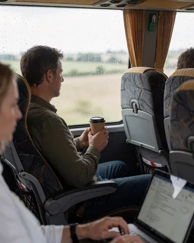 A man holding a coffee cup gazes out the train window at the countryside while another passenger works on a laptop nearby.
