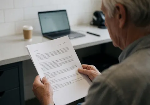An adult reads a document in an office with a laptop and coffee cup on a tiled desk