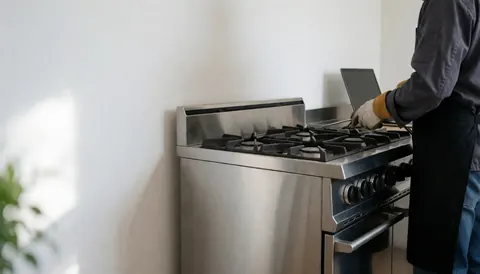 Technician wearing gloves repairing an industrial gas stove in a kitchen with white walls and natural light, ideal for stove repair services.